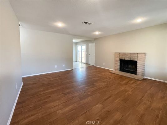 Empty room, Fireplace, Interior, Recessed Lighting, Wood Texture Flooring