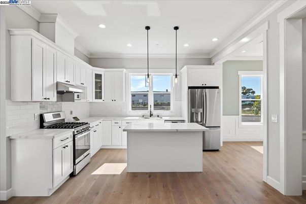 Interior, Kitchen, Pendant Lights, Recessed Lighting, Stainless Steel Appliances, Wood Texture Flooring