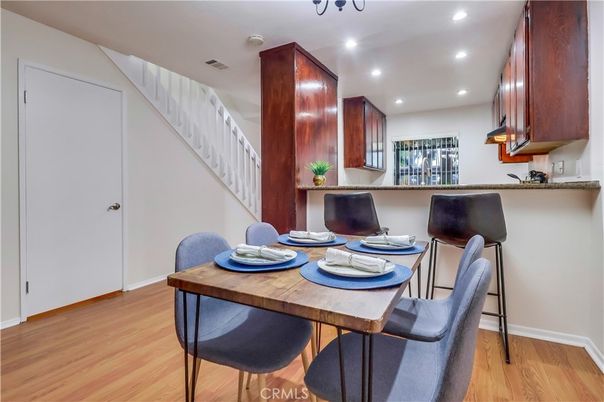 Dining room, Interior, Recessed Lighting, Wood Texture Flooring