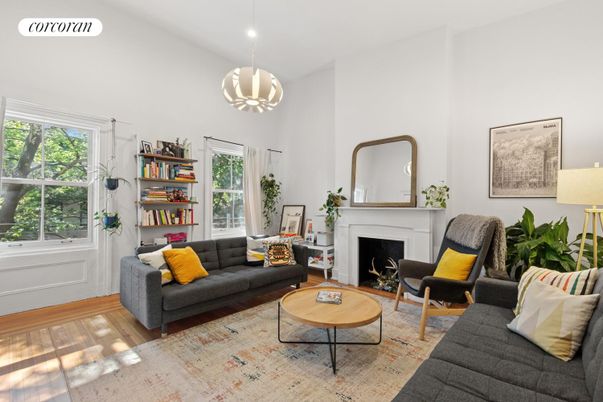 Fireplace, Interior, Living room, Pendant Lights, Recessed Lighting, Wood Texture Flooring