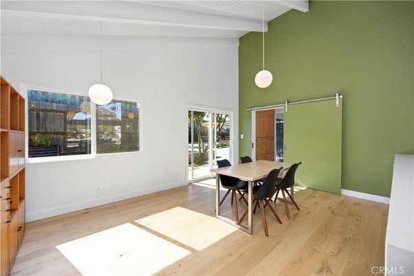 Dining room, Interior, Pendant Lights, Wood Texture Flooring