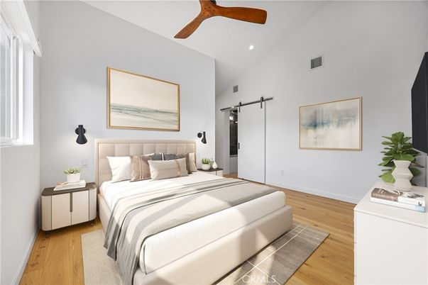 Bedroom, Interior, Recessed Lighting, Wood Texture Flooring