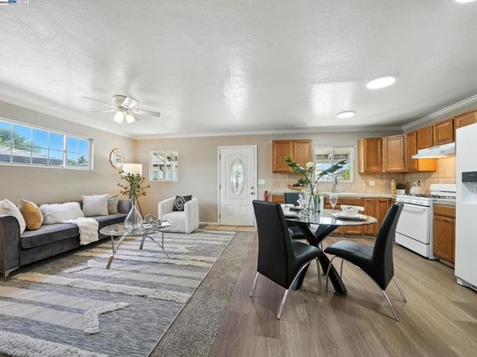 Dining room, Interior, Kitchen, Living room, Recessed Lighting, Wood Texture Flooring