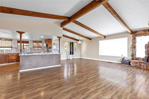 Empty room, Interior, Kitchen, Pendant Lights, Recessed Lighting, Wooden Beams, Wood Texture Flooring