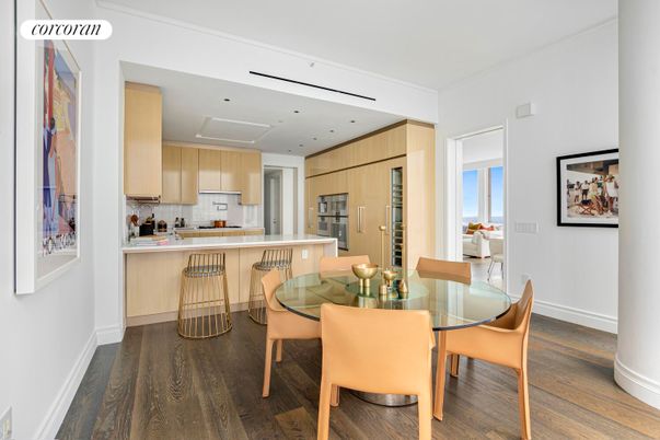Dining room, Interior, Kitchen, Recessed Lighting, Wood Texture Flooring