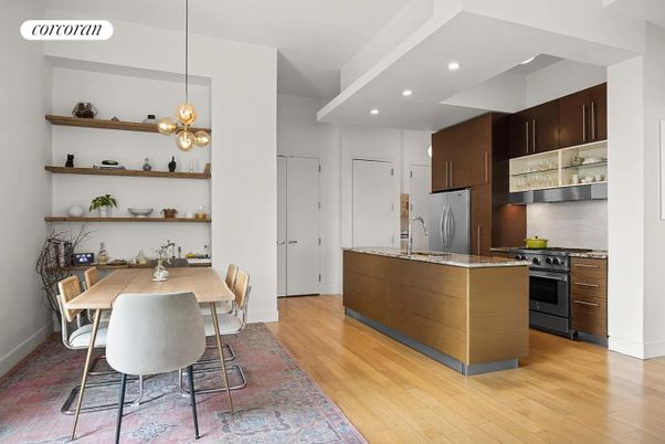 Dining room, Interior, Kitchen, Pendant Lights, Recessed Lighting, Stainless Steel Appliances, Wood Texture Flooring