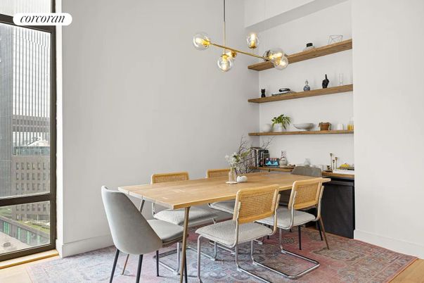 Dining room, Interior, Pendant Lights, Wood Texture Flooring