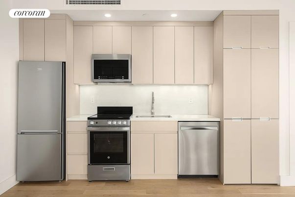 Interior, Kitchen, Recessed Lighting, Stainless Steel Appliances, Wood Texture Flooring