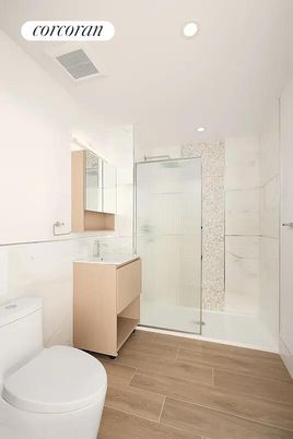 Bathroom, Glass Shower, Interior, Recessed Lighting, Wood Texture Flooring