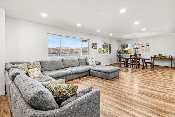 Dining room, Interior, Living room, Pendant Lights, Recessed Lighting, Water, Wood Texture Flooring