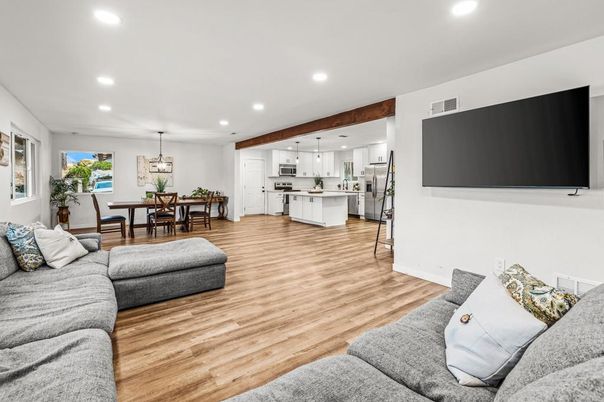 Dining room, Interior, Kitchen, Living room, Pendant Lights, Recessed Lighting, Stainless Steel Appliances, Wood Texture Flooring