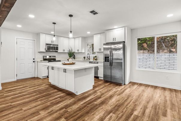 Interior, Kitchen, Pendant Lights, Recessed Lighting, Stainless Steel Appliances, Wood Texture Flooring