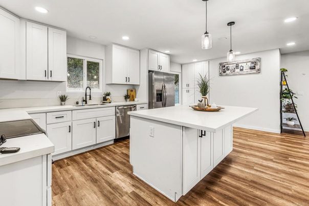 Interior, Kitchen, Pendant Lights, Recessed Lighting, Stainless Steel Appliances, Wood Texture Flooring