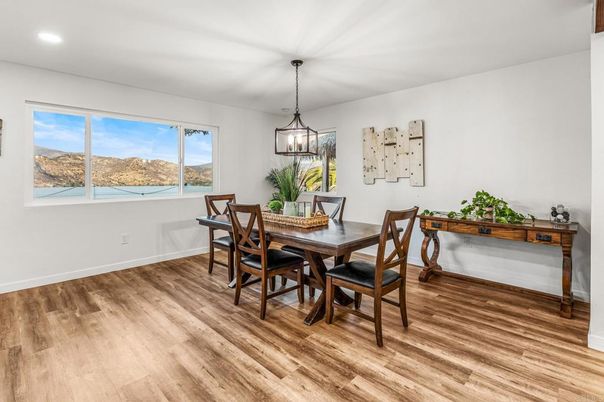 Dining room, Interior, Pendant Lights, Recessed Lighting, Wood Texture Flooring