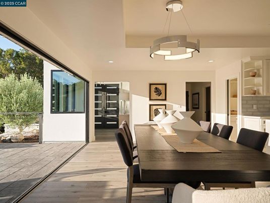 Dining room, Interior, Pendant Lights, Recessed Lighting, Wood Texture Flooring