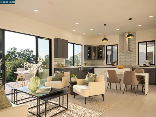 Dining room, Interior, Living room, Pendant Lights, Recessed Lighting, Wood Texture Flooring
