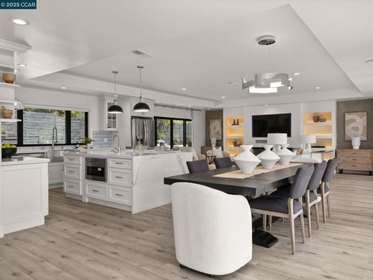 Dining room, Interior, Kitchen, Pendant Lights, Recessed Lighting, Wood Texture Flooring