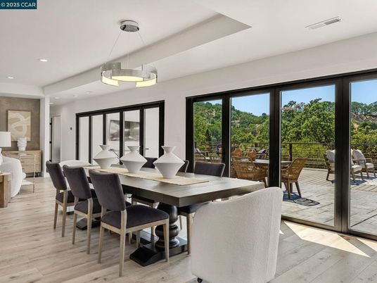 Dining room, Interior, Pendant Lights, Recessed Lighting, Wood Texture Flooring