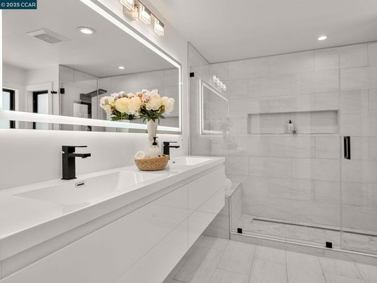 Bathroom, Dual Sink Vanities, Glass Shower, Interior, Recessed Lighting