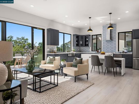 Dining room, Interior, Kitchen, Living room, Pendant Lights, Recessed Lighting, Stainless Steel Appliances, Wood Texture Flooring
