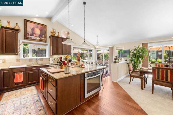 Dining room, Interior, Kitchen, Pendant Lights, Recessed Lighting, Wood Texture Flooring