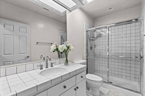 Bathroom, Glass Shower, Interior, Recessed Lighting, Tile Countertops