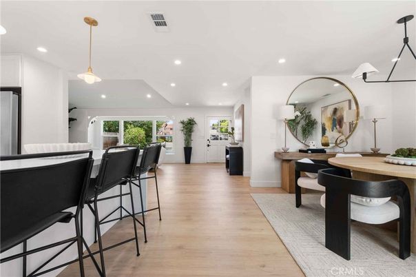 Dining room, Interior, Pendant Lights, Recessed Lighting, Wood Texture Flooring
