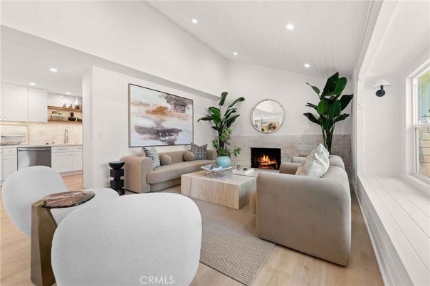 Fireplace, Interior, Kitchen, Living room, Recessed Lighting, Wood Texture Flooring