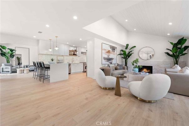 Fireplace, Interior, Kitchen, Living room, Pendant Lights, Recessed Lighting, Wood Texture Flooring