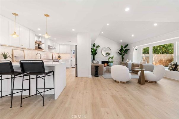 Fireplace, Interior, Kitchen, Living room, Pendant Lights, Recessed Lighting, Wood Texture Flooring