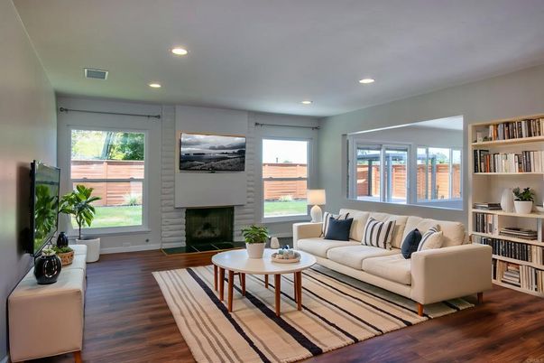 Fireplace, Interior, Living room, Recessed Lighting, Wood Texture Flooring