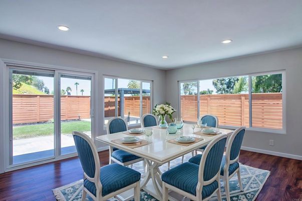 Dining room, Interior, Recessed Lighting, Wood Texture Flooring
