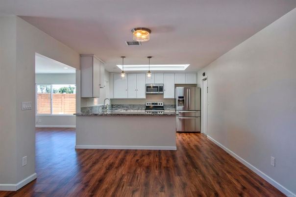 Interior, Kitchen, Pendant Lights, Stainless Steel Appliances, Wood Texture Flooring