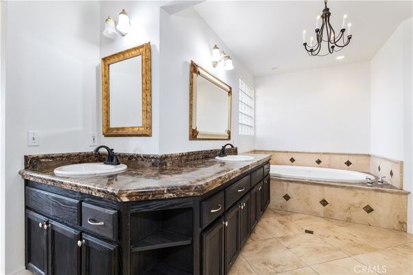 Bathroom, Chandelier, Dual Sink Vanities, Interior, Recessed Lighting
