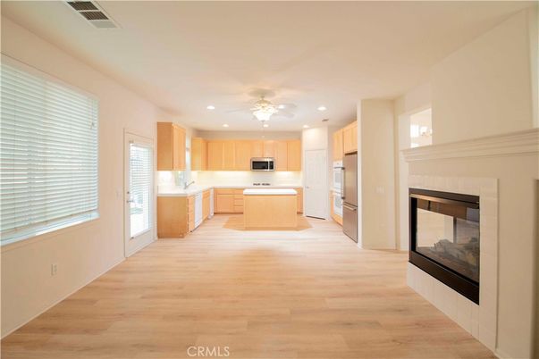 Fireplace, Interior, Kitchen, Recessed Lighting, Wood Texture Flooring
