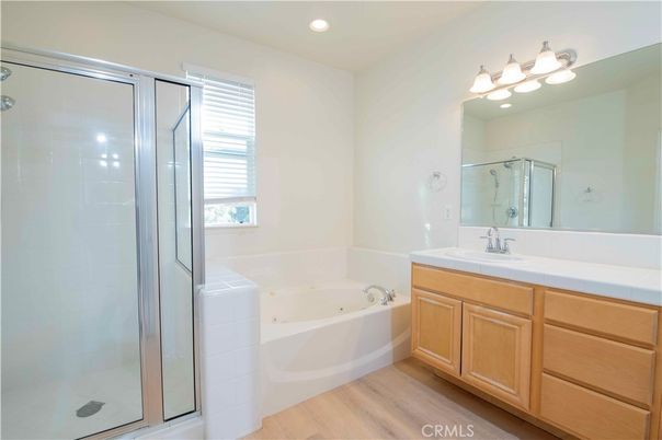 Bathroom, Glass Shower, Interior, Recessed Lighting, Wood Texture Flooring