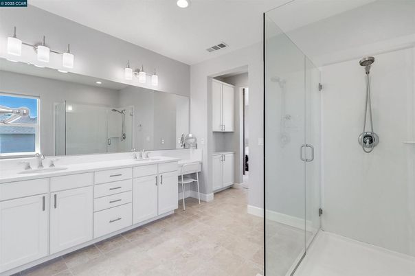 Bathroom, Dual Sink Vanities, Glass Shower, Interior, Recessed Lighting