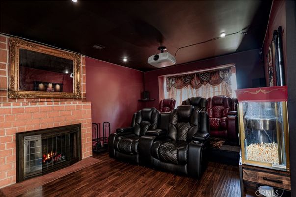 Home Theatre Room, Fireplace, Interior, Recessed Lighting, Theatre Room, Wood Texture Flooring