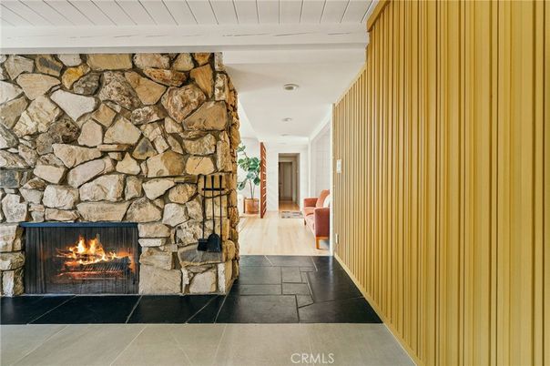 Dining room, Fireplace, Interior, Pendant Lights, Stone Walls