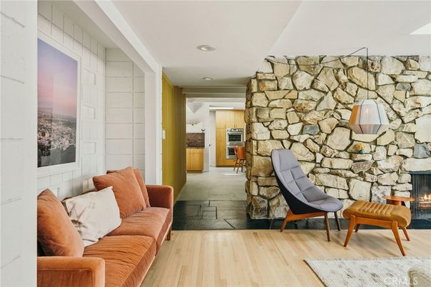 Fireplace, Interior, Living room, Pendant Lights, Stone Walls, Wood Texture Flooring