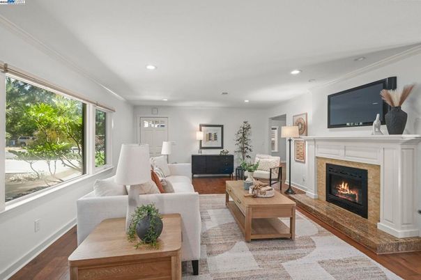 Fireplace, Interior, Living room, Recessed Lighting, Wood Texture Flooring