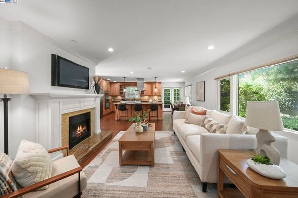 Dining room, Fireplace, Interior, Kitchen, Living room, Pendant Lights, Recessed Lighting, Stainless Steel Appliances, Wood Texture Flooring