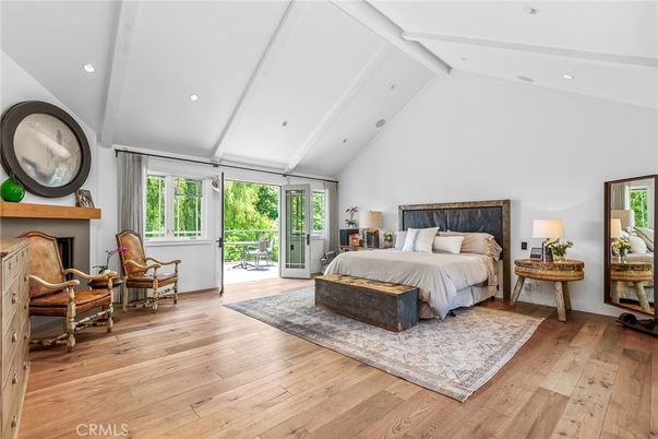 Bedroom, Fireplace, Interior, Recessed Lighting, Wood Texture Flooring