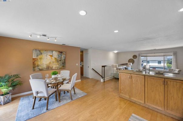 Dining room, Interior, Recessed Lighting, Wood Texture Flooring