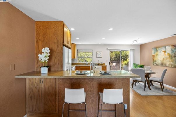 Dining room, Interior, Kitchen, Recessed Lighting, Wood Texture Flooring