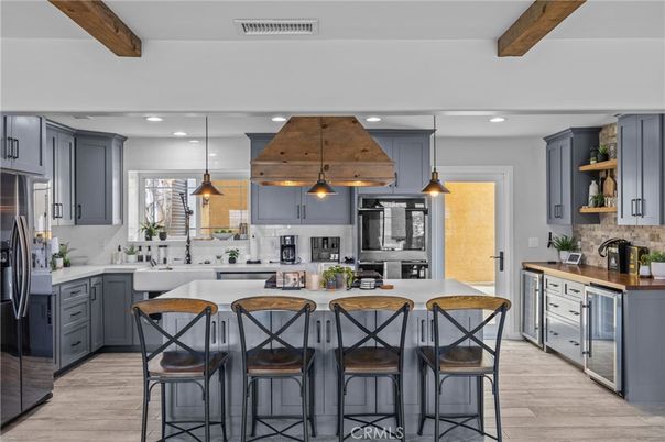 Interior, Kitchen, Pendant Lights, Recessed Lighting, Stainless Steel Appliances, Wooden Beams, Wood Texture Flooring