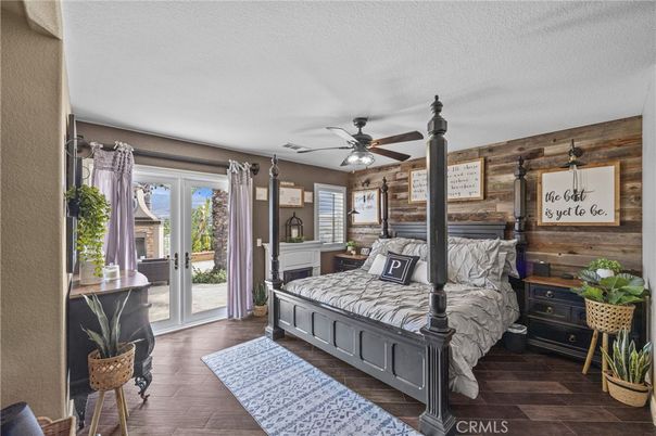 Bedroom, Fireplace, Interior, Wood Texture Flooring, Wooden Walls