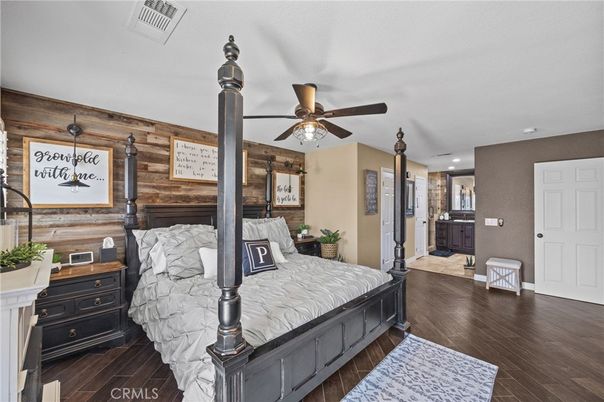 Bedroom, Interior, Recessed Lighting, Wood Texture Flooring, Wooden Walls