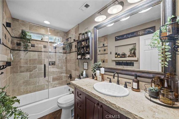 Bathroom, Glass Shower, Interior, Recessed Lighting, Wood Texture Flooring