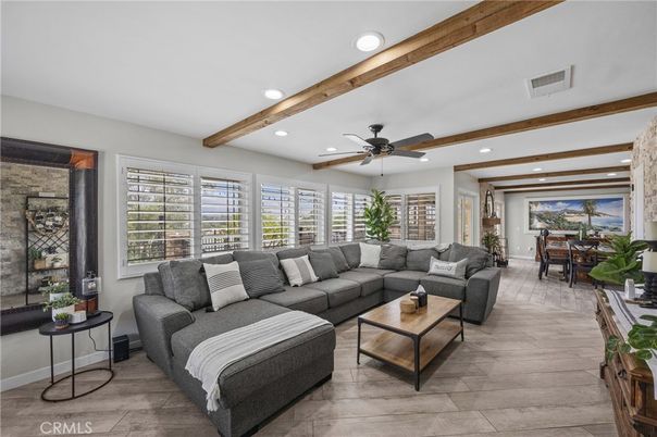 Dining room, Interior, Living room, Recessed Lighting, Wooden Beams, Wood Texture Flooring